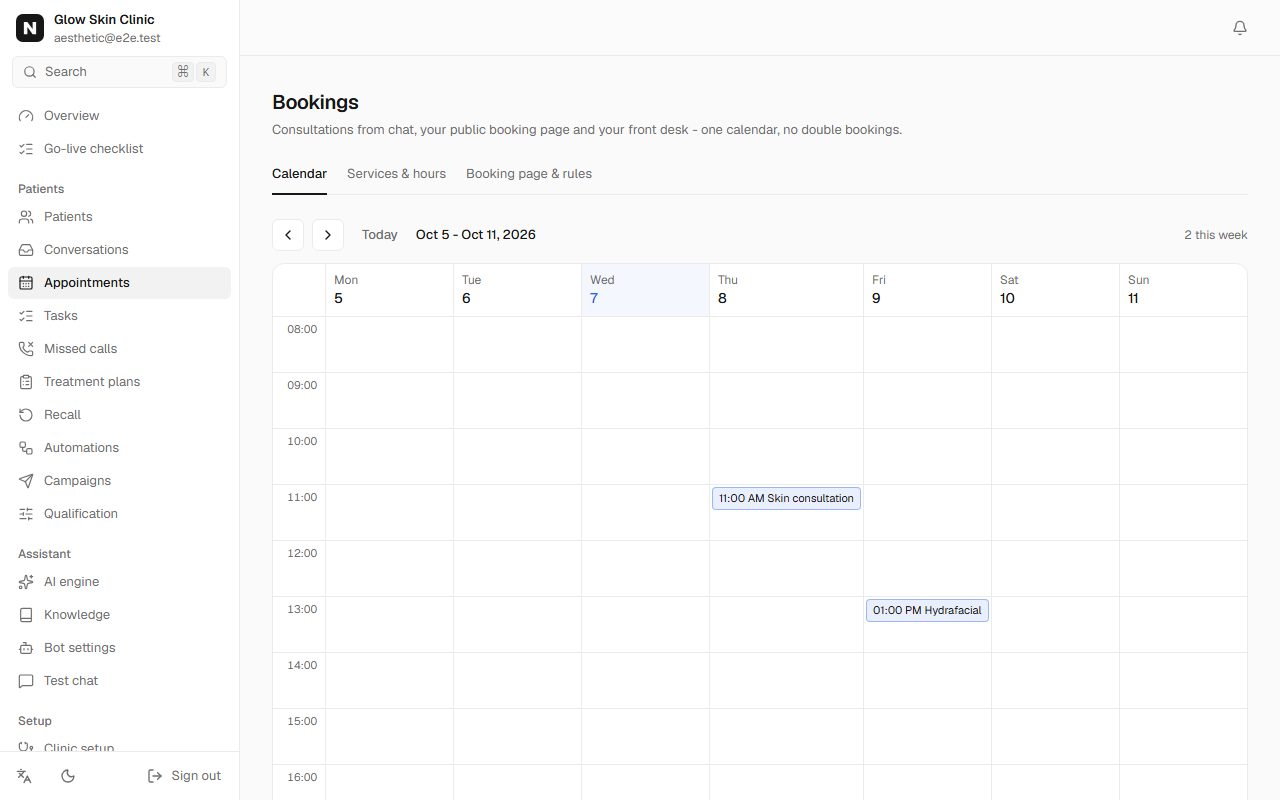 Glow Skin Clinic booking calendar with appointments the assistant booked