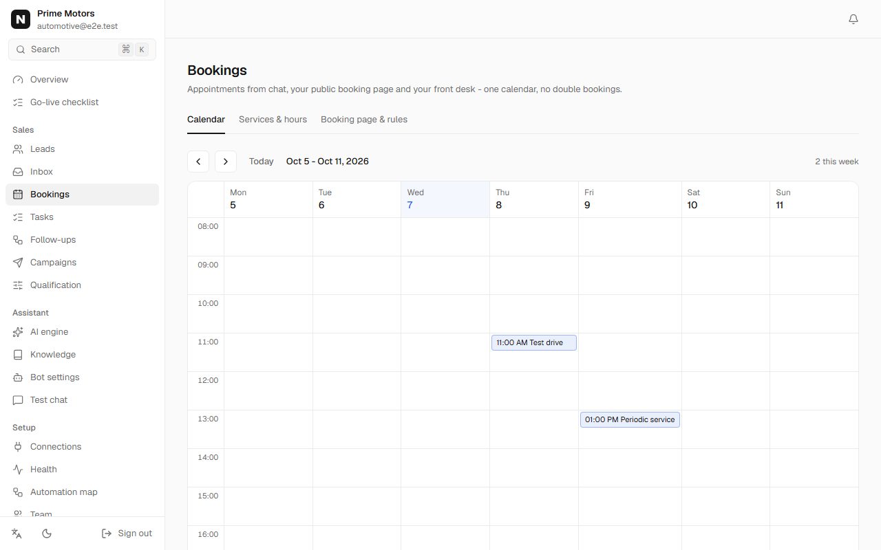 Prime Motors booking calendar with appointments the assistant booked