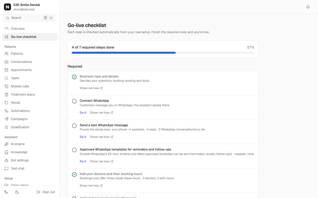 Go-live checklist showing 4 of 7 required steps done, with Connect WhatsApp and templates still open