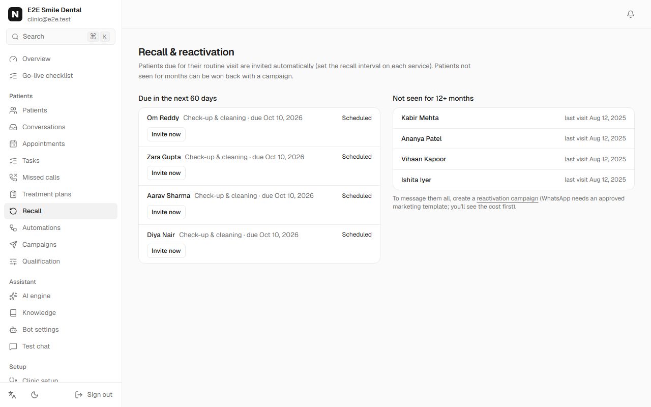 Recall list with patients due and invitations sent
