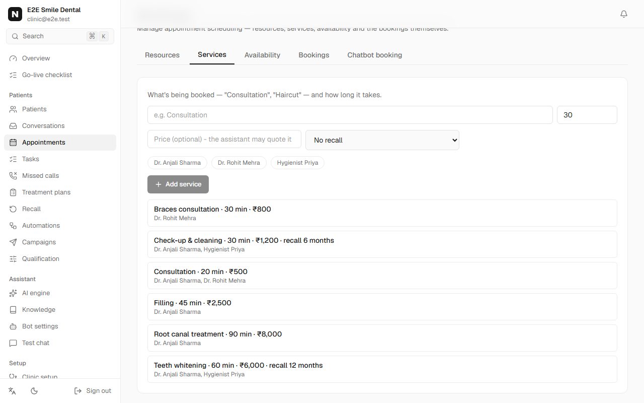 Services with durations, prices in rupees and recall intervals