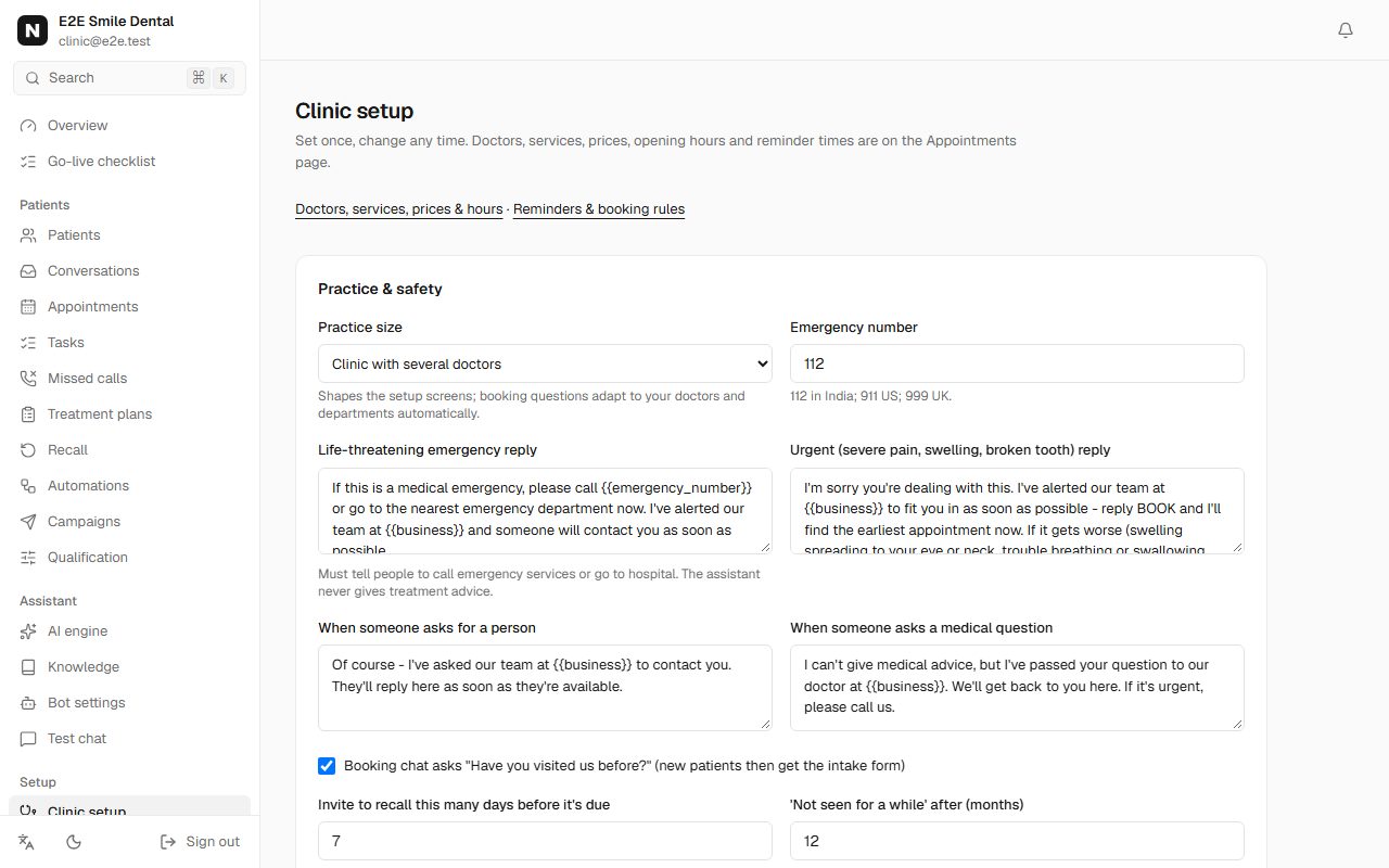 Clinic setup page with practice size, emergency number 112 and the emergency, urgent, person and medical-question replies