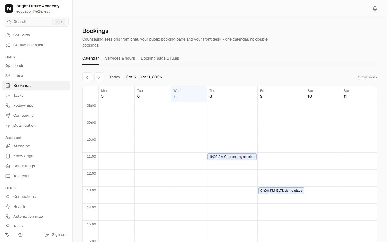 Bright Future Academy booking calendar with appointments the assistant booked