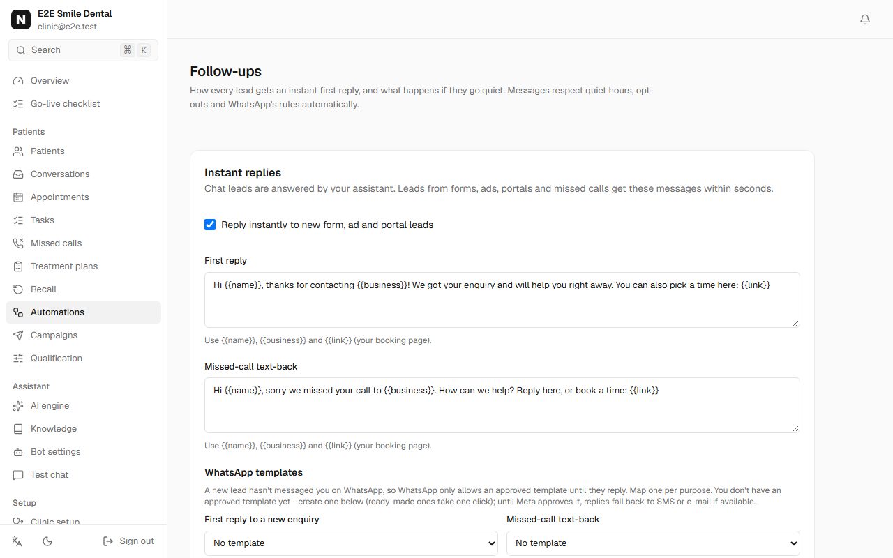 Follow-up settings with instant replies and template mapping