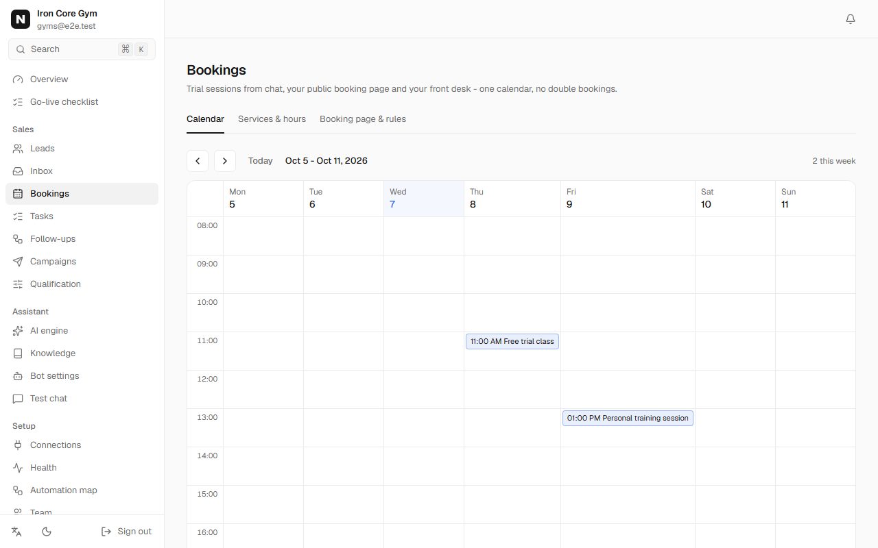 Iron Core Gym booking calendar with appointments the assistant booked