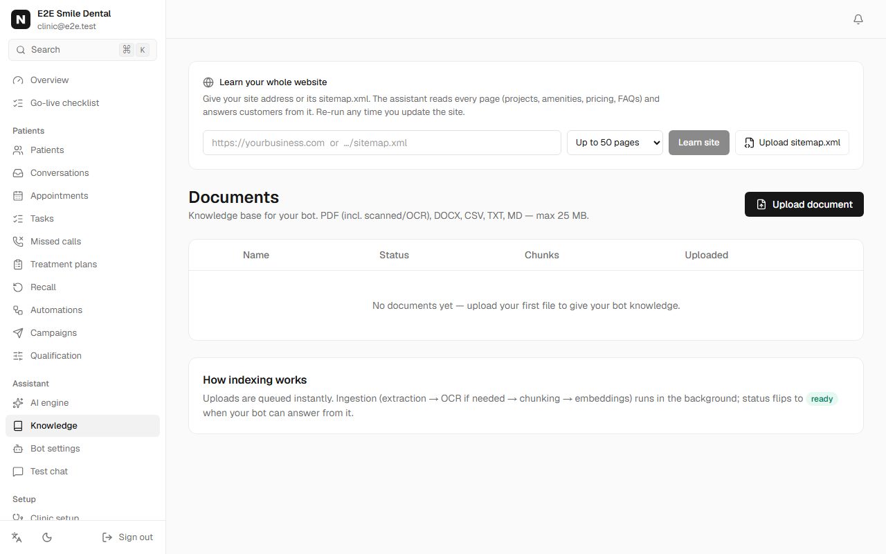 Knowledge page with uploaded documents and their status