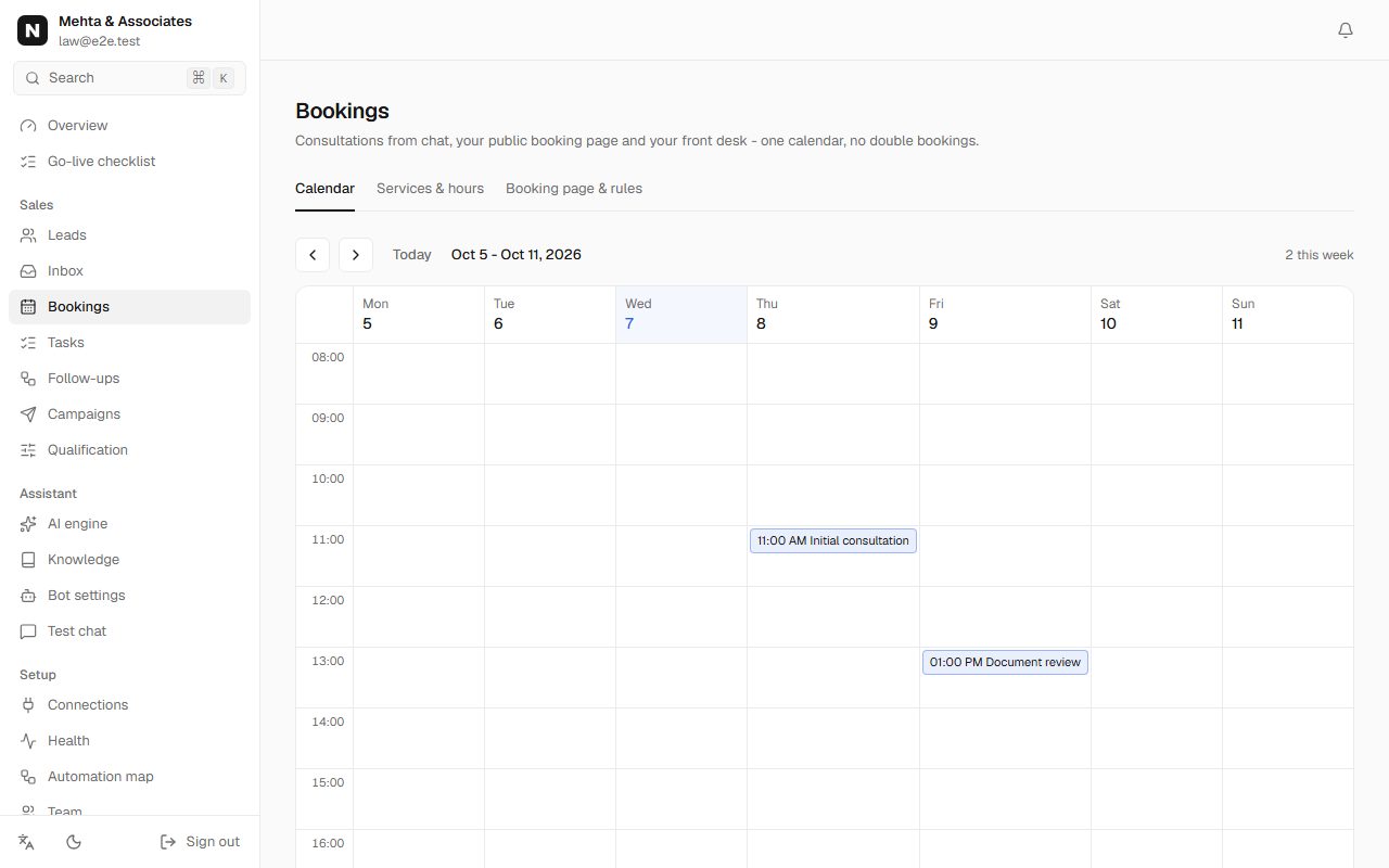 Mehta & Associates booking calendar with appointments the assistant booked