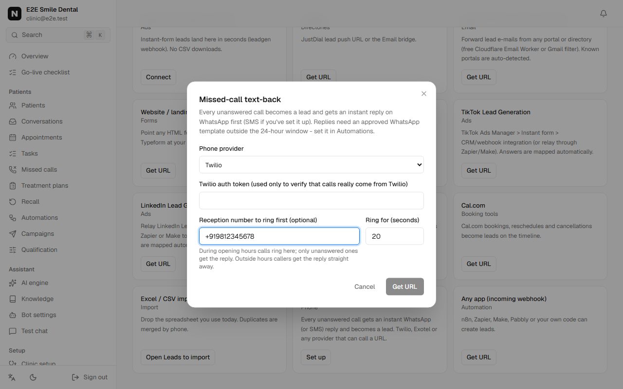 Missed-call setup with Twilio, the reception number to ring first and ring time
