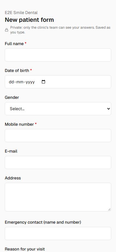 New patient form on a phone with name, date of birth, gender, mobile and address fields