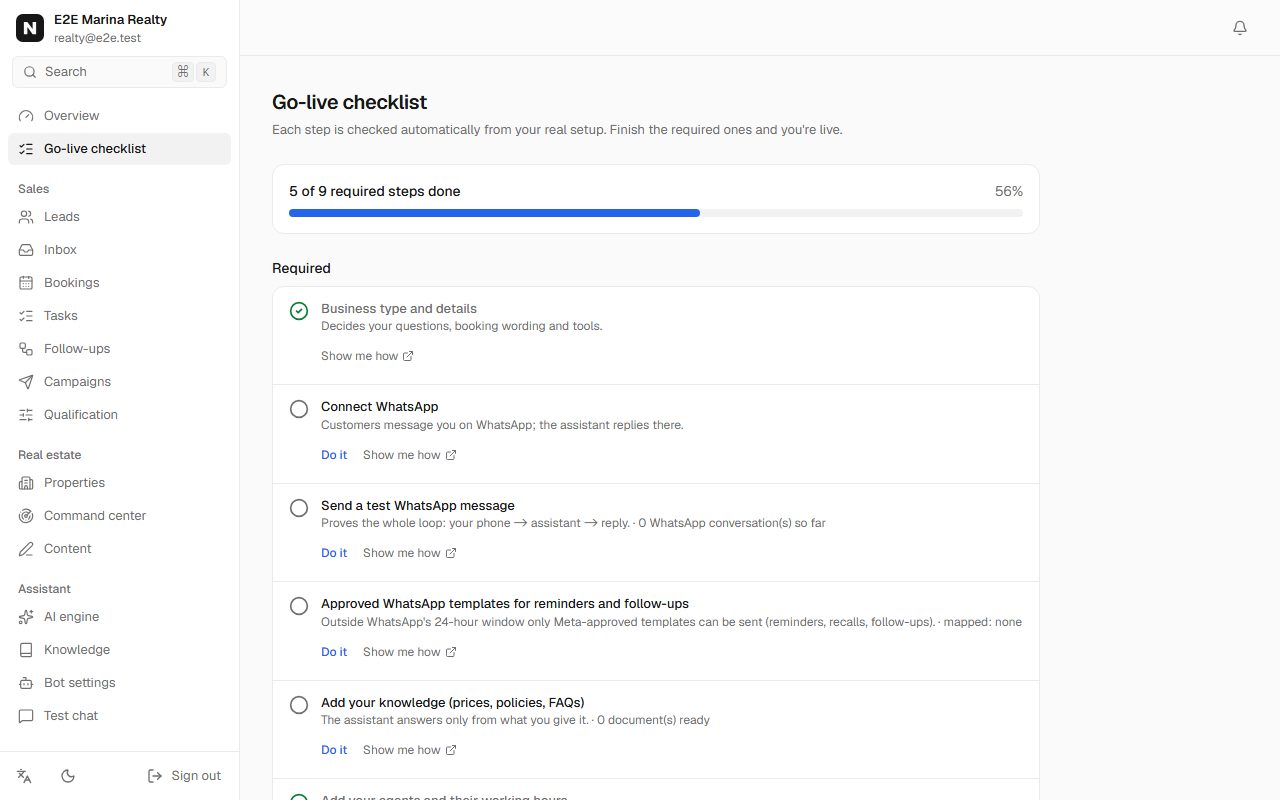 Real-estate go-live checklist with WhatsApp, templates and knowledge steps