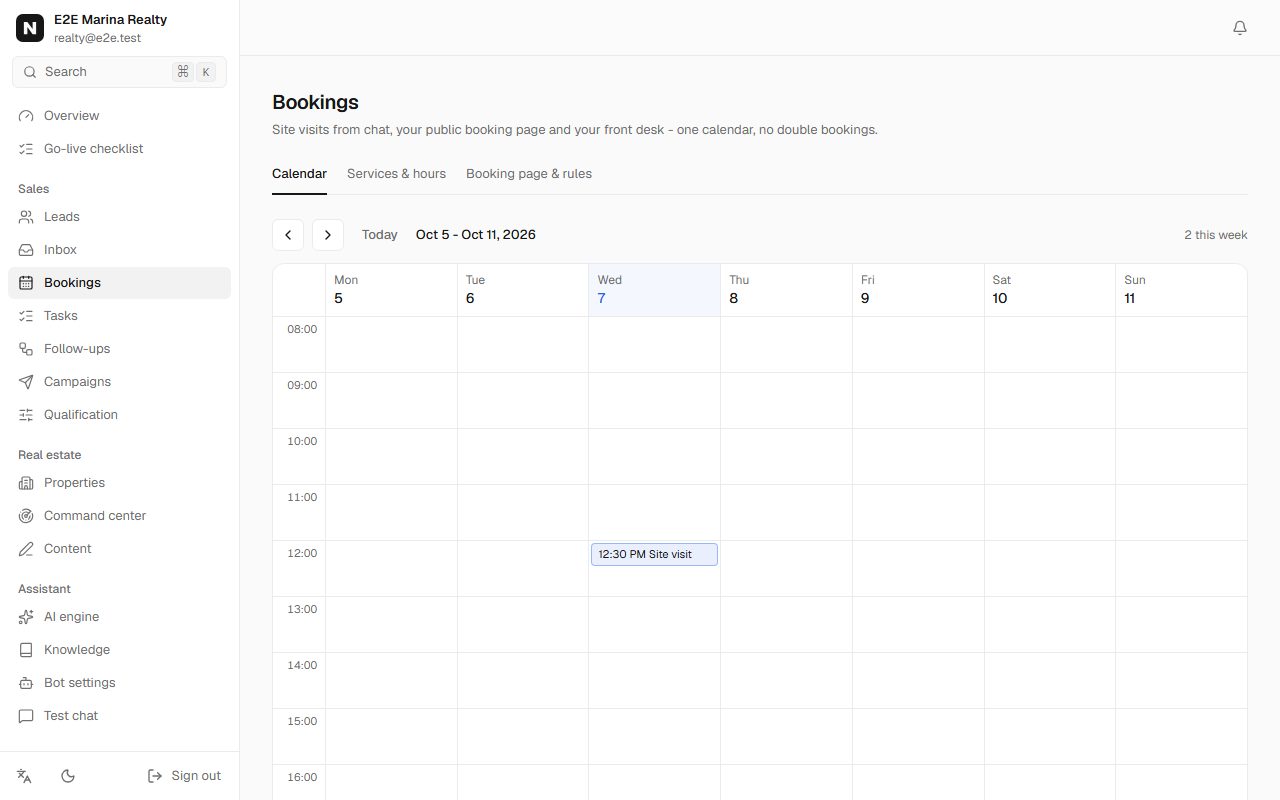 Bookings page with upcoming site visits for each agent