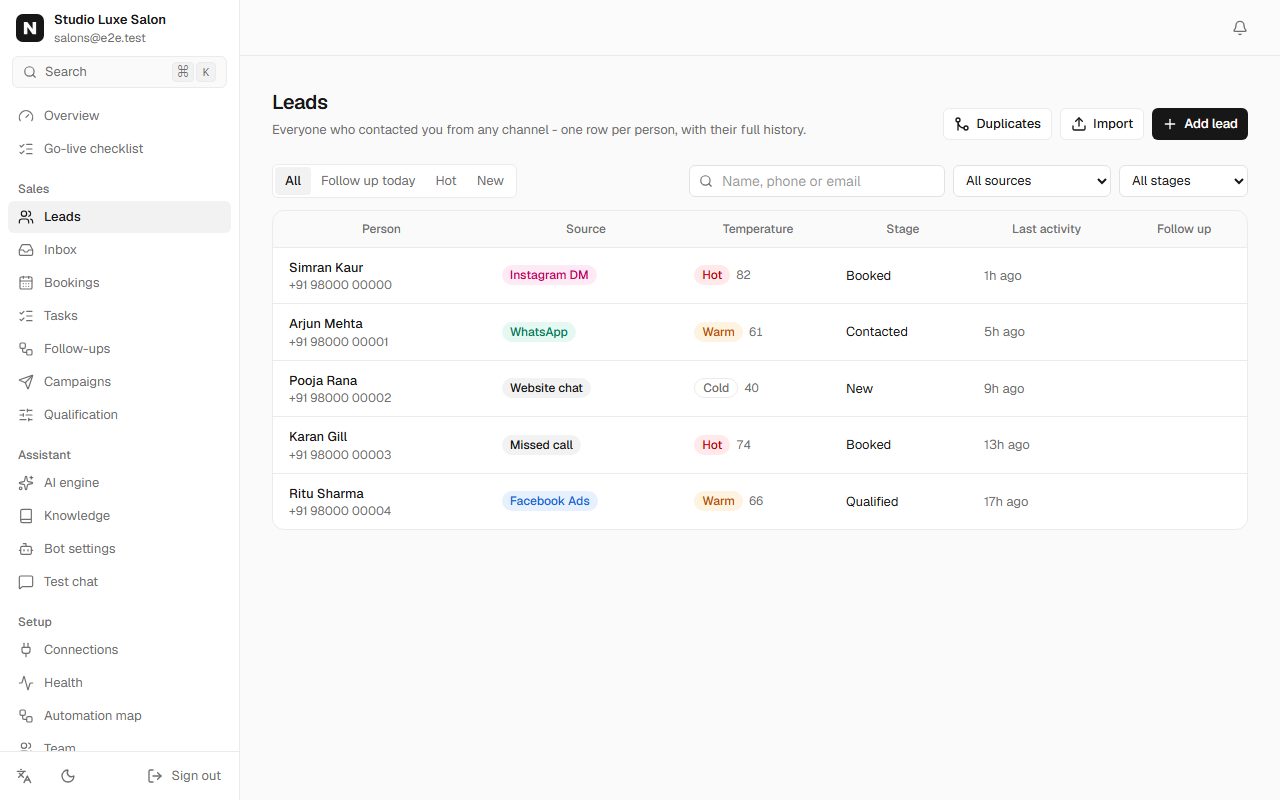 Studio Luxe Salon leads list with sources, temperature and stage