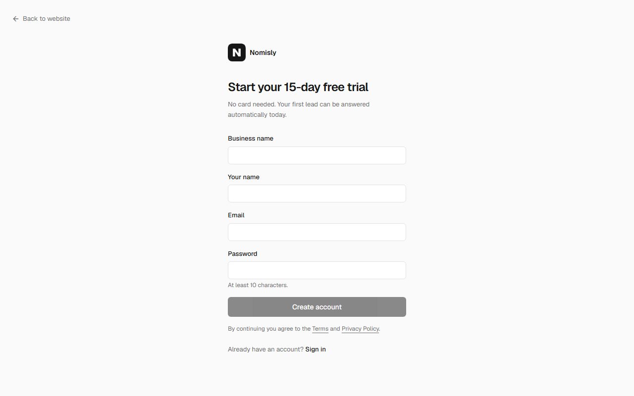 Nomisly sign-up form with business name, e-mail, password and business type set to dental clinic