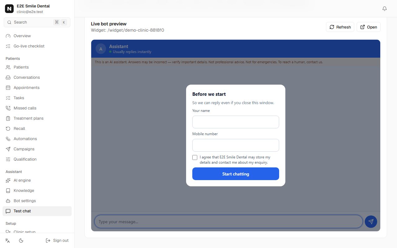 Test chat with the live assistant preview