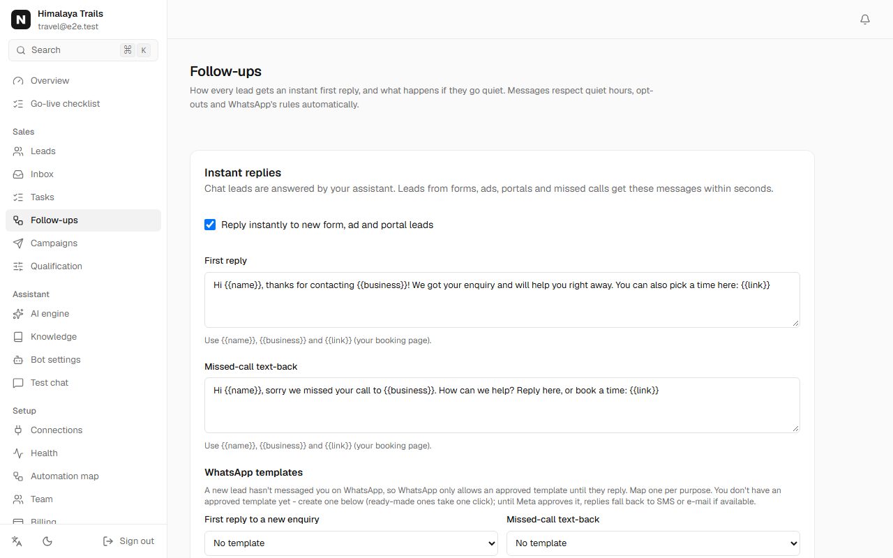 Himalaya Trails instant replies and follow-up settings