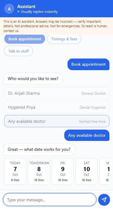 Website chat with tappable choices and a date strip